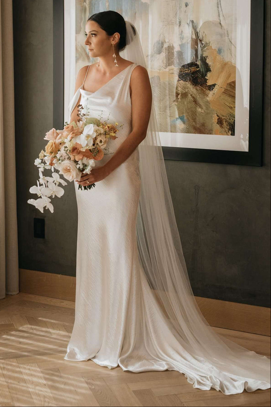 Asymmetrical Cowl Back Satin Slip Wedding Dress
