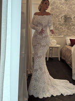 Off-the-Shoulder Lace Wedding Dress with Satin Overskirt