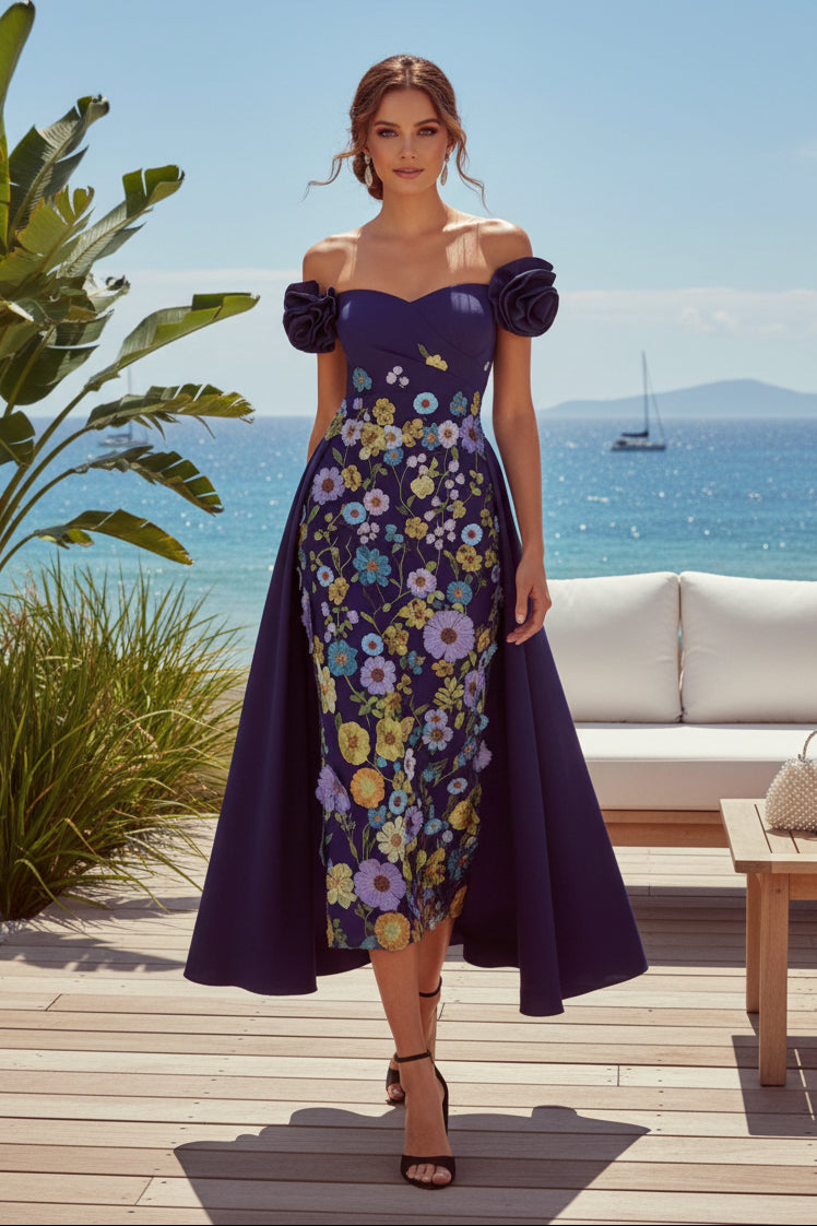 Off-Shoulder Floral Embroidered Tea-Length Dress with Cape