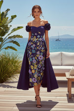 Off-Shoulder Floral Embroidered Tea-Length Dress with Cape