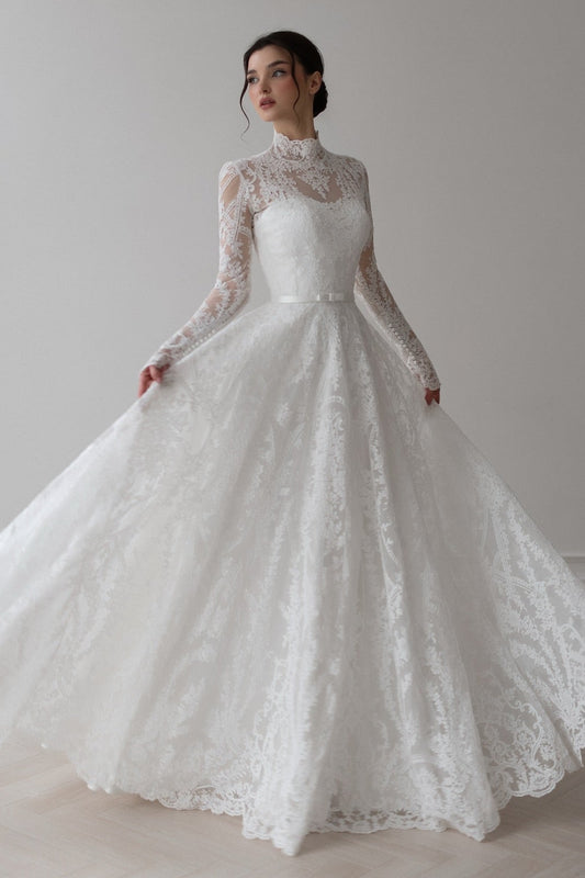 High Neck Long Sleeve Lace A-Line Wedding Dress