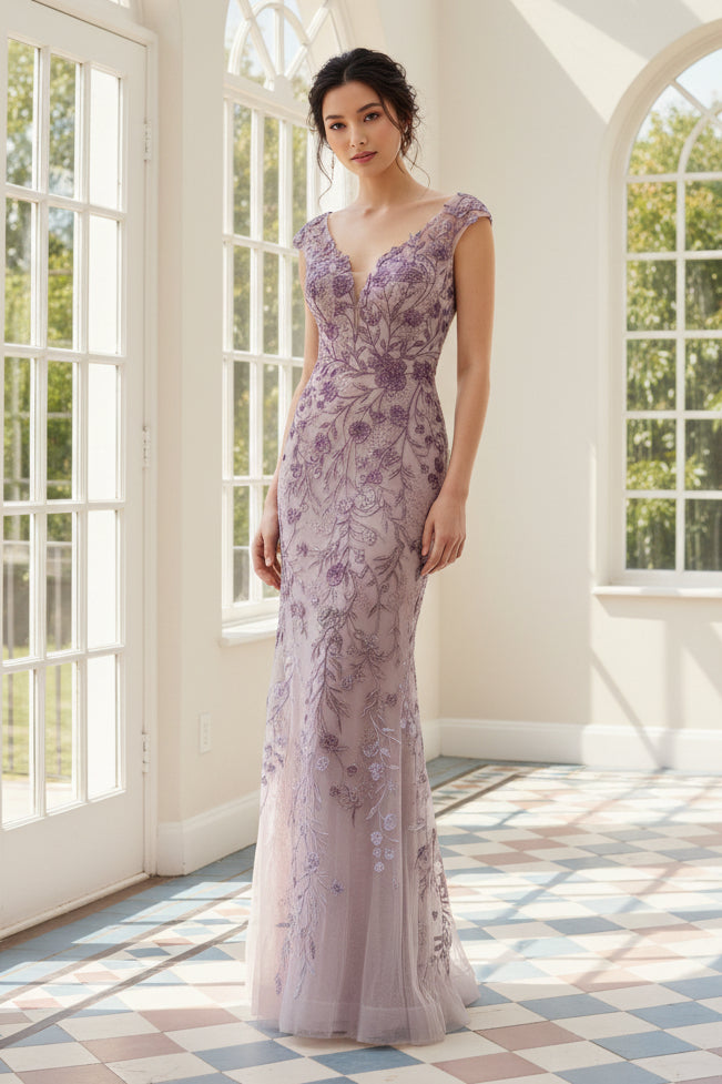 Beaded Floral Lace Trumpet Gown with Cap Sleeves