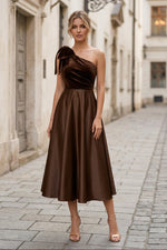 One-Shoulder Bow Midi Dress with Velvet Bodice
