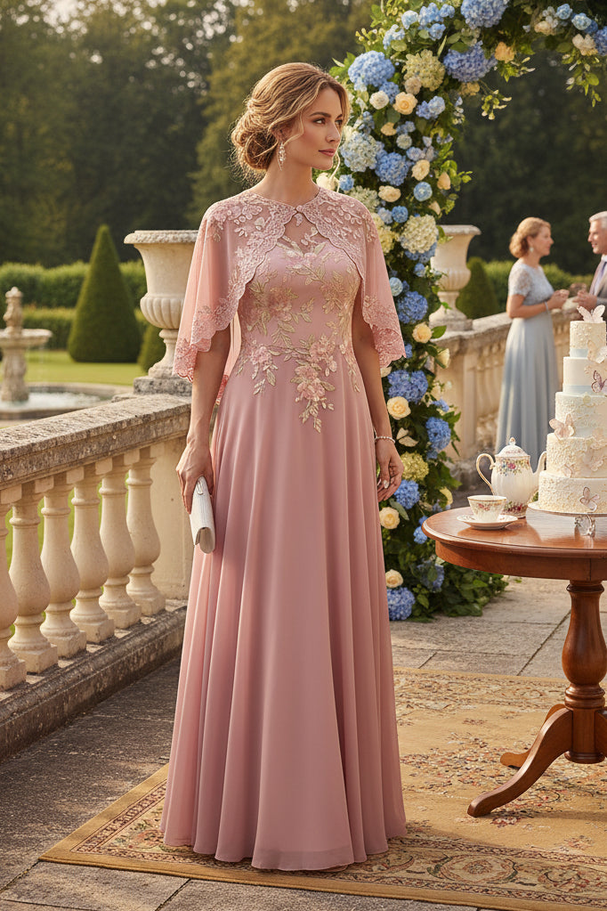 Embroidered Chiffon A-Line Gown with Lace Cape
