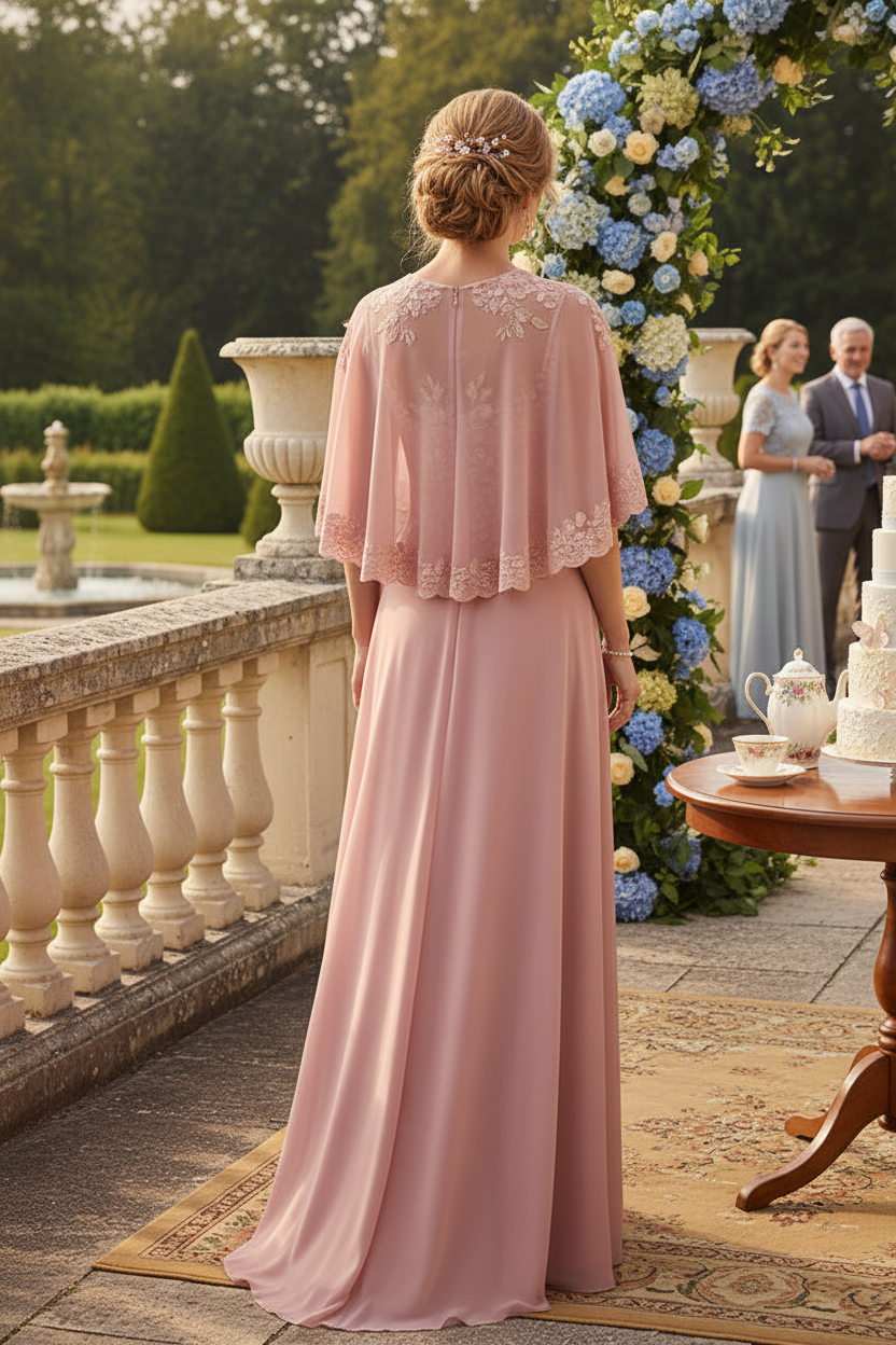 Embroidered Chiffon A-Line Gown with Lace Cape