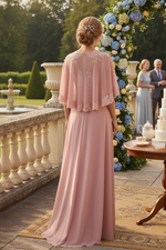 Embroidered Chiffon A-Line Gown with Lace Cape