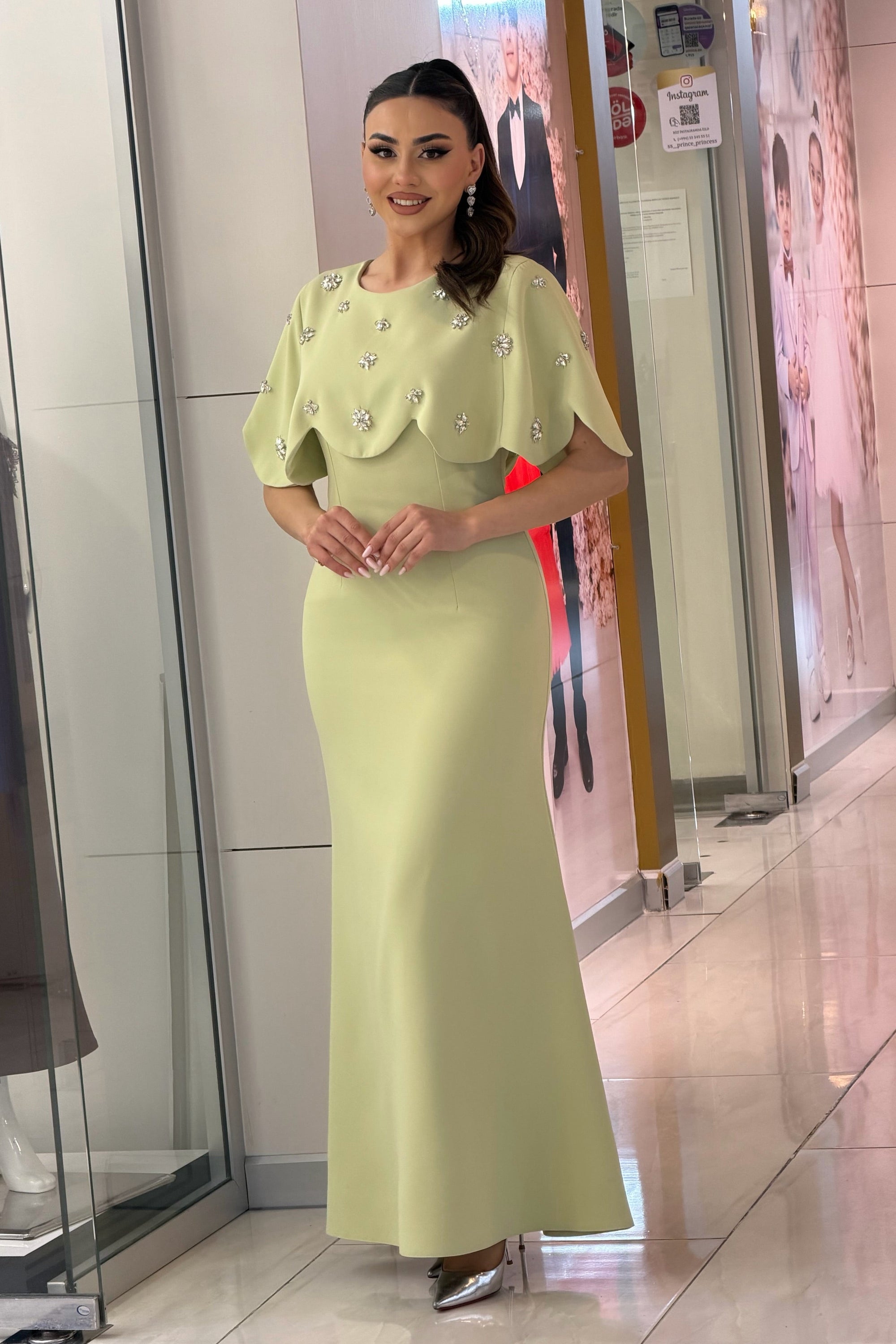Scalloped Cape Beaded Evening Gown