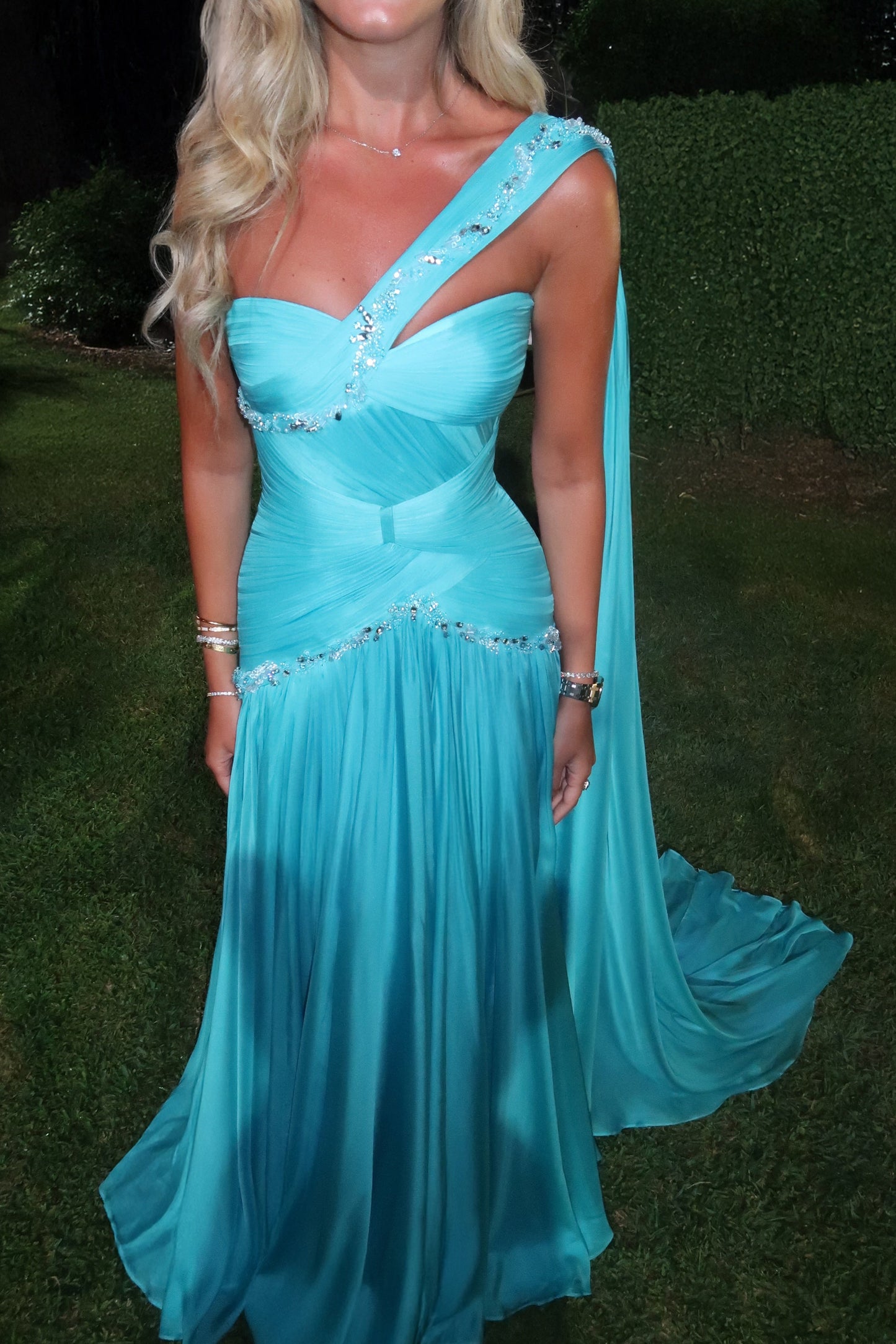 One Shoulder Crystal Embellished Evening Gown