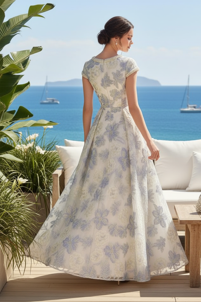 Pearl-Trimmed Floral Jacquard A-Line Evening Gown