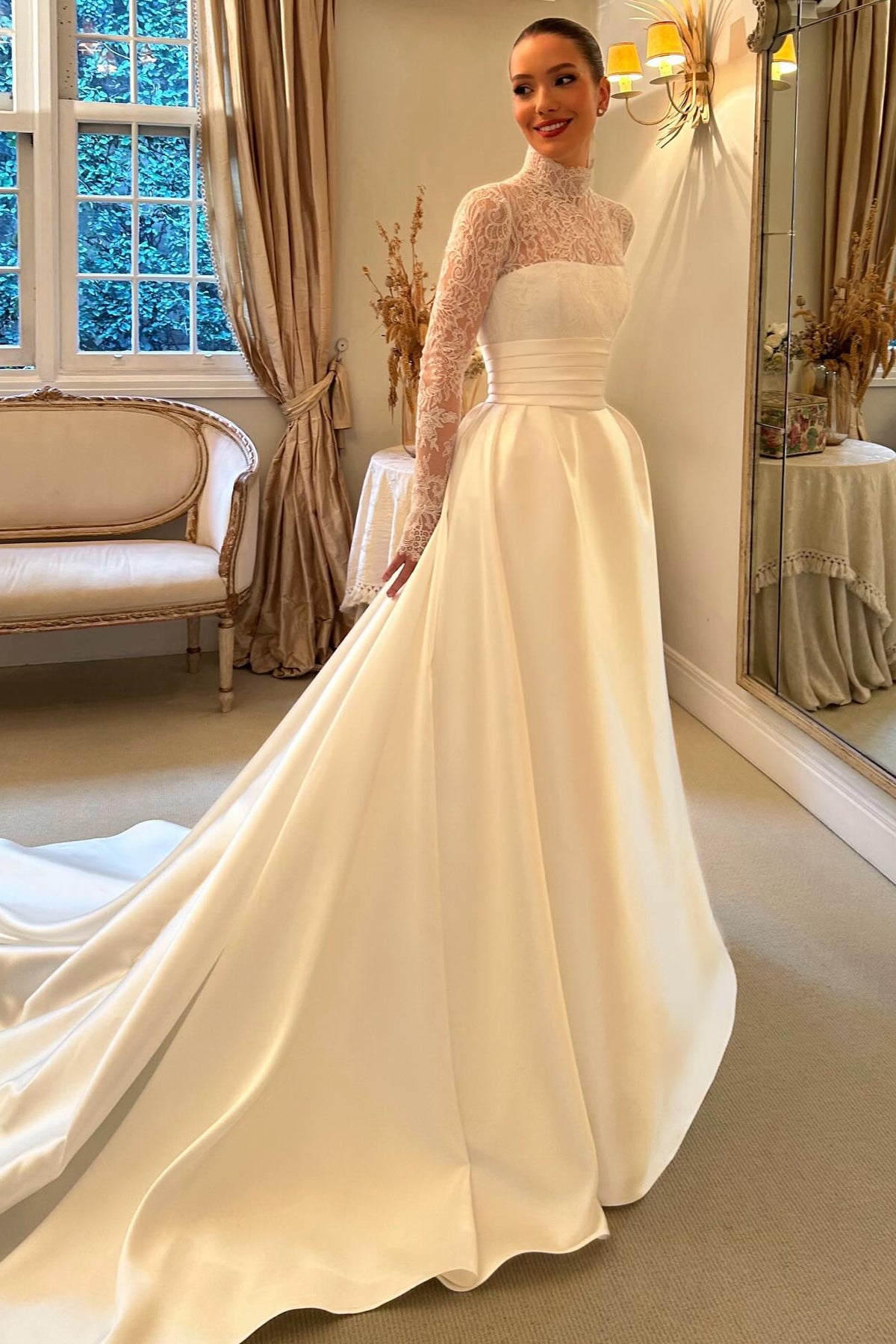 High-Neck Lace and Satin Ball Gown Wedding Dress
