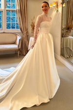 High-Neck Lace and Satin Ball Gown Wedding Dress