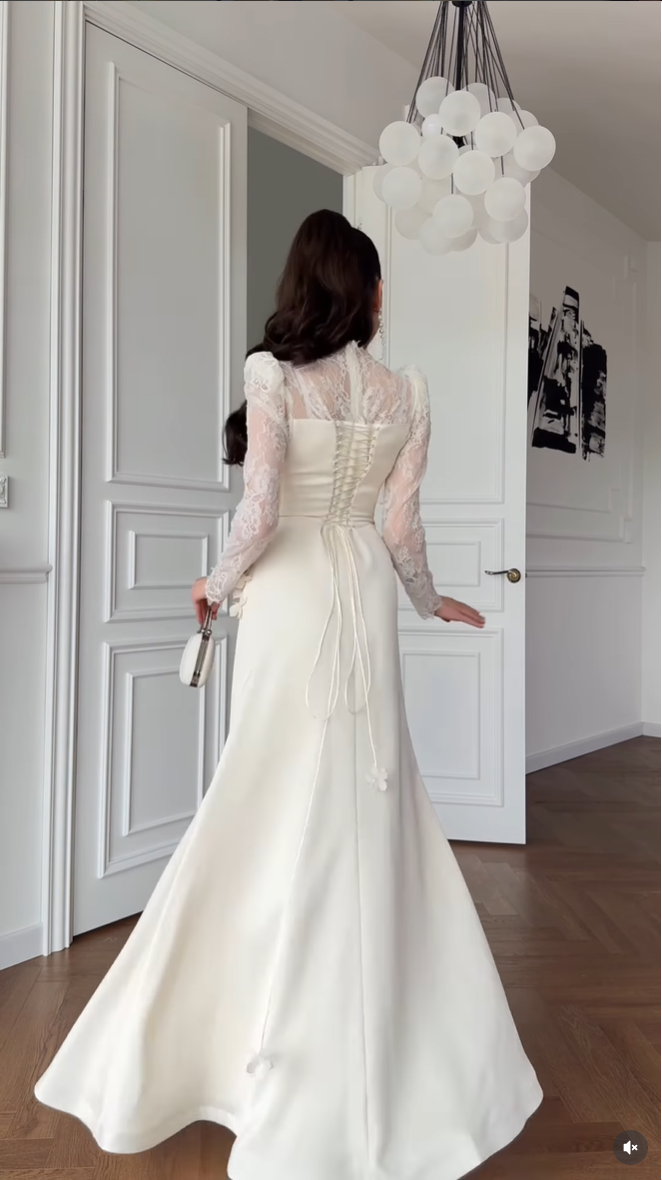Lace Sleeve Floral Appliqué Evening Gown