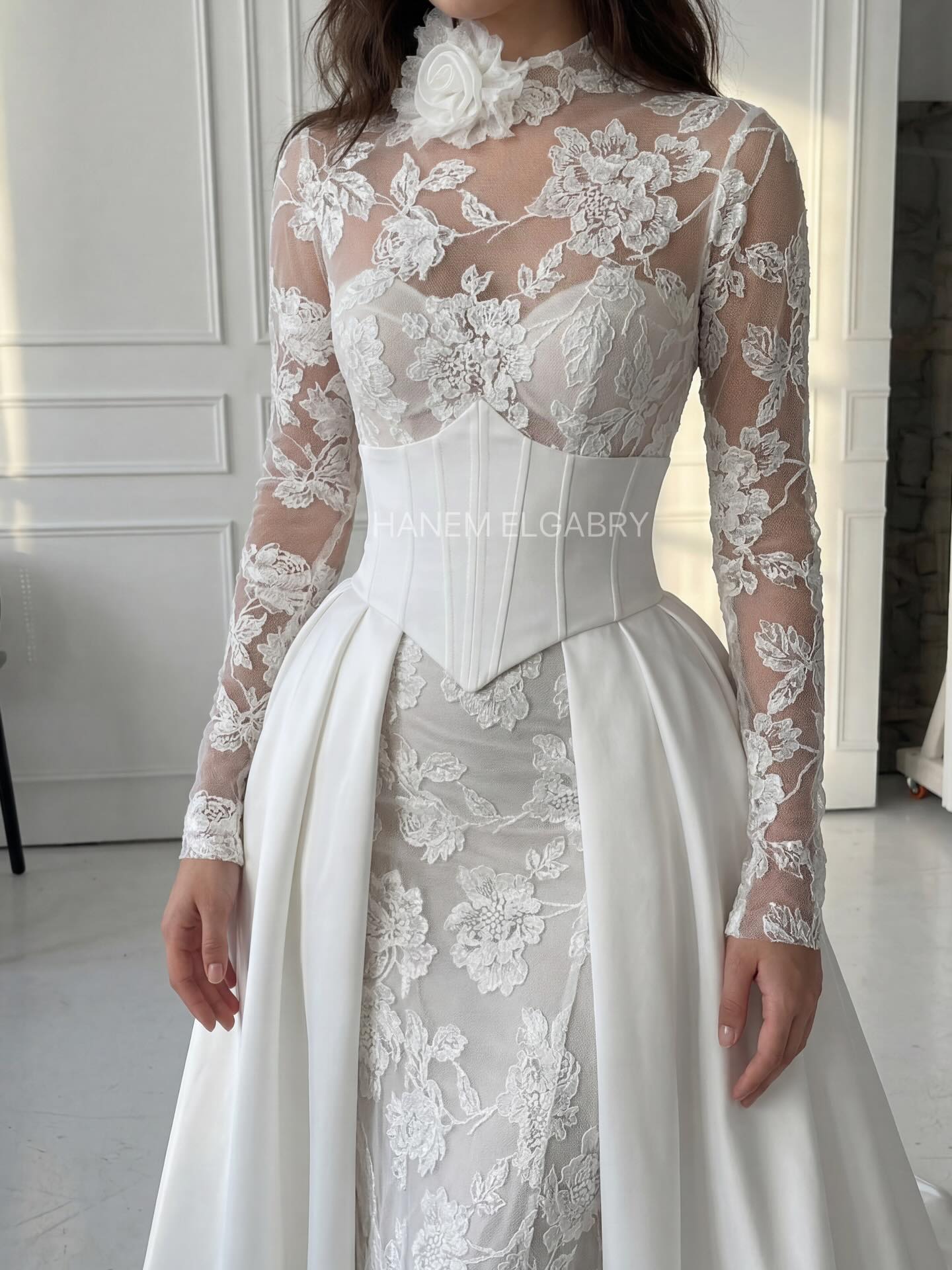 Long Sleeve Lace Bridal Gown with Corset Overskirt