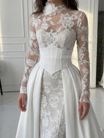 Long Sleeve Lace Bridal Gown with Corset Overskirt