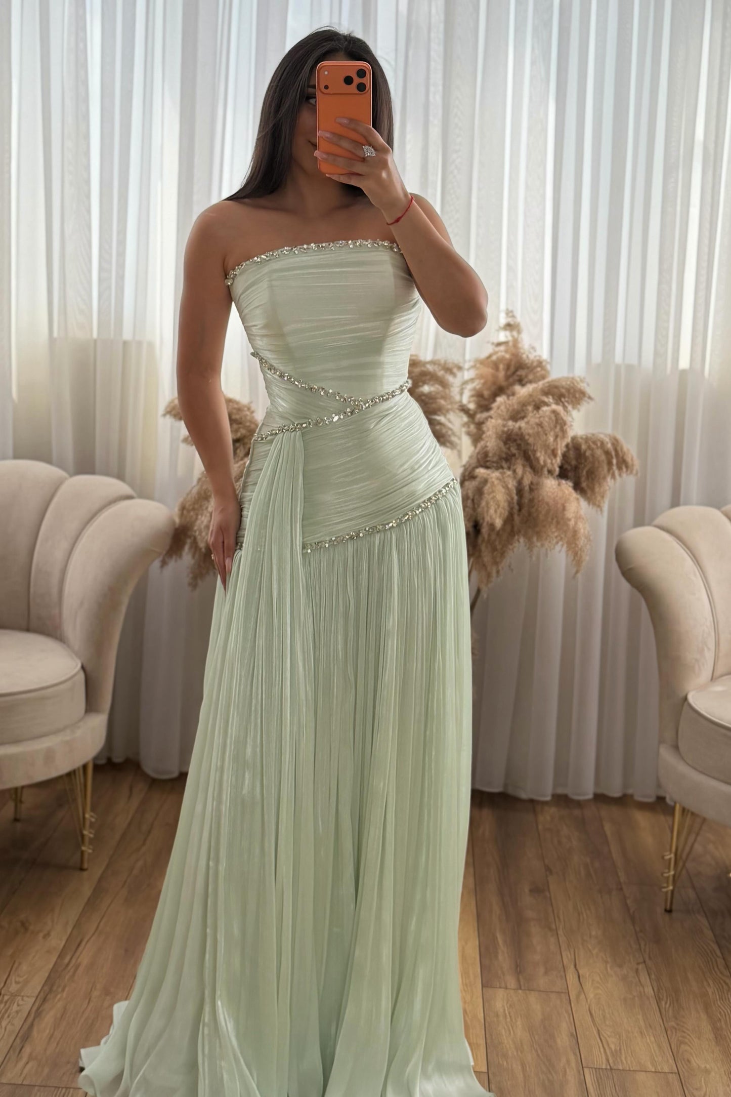 Strapless Pleated Evening Gown with Crystal Trim