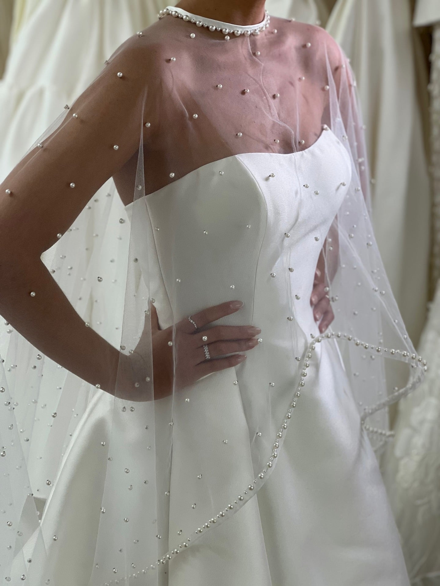 Strapless Satin Wedding Dress with Pearl Tulle Cape