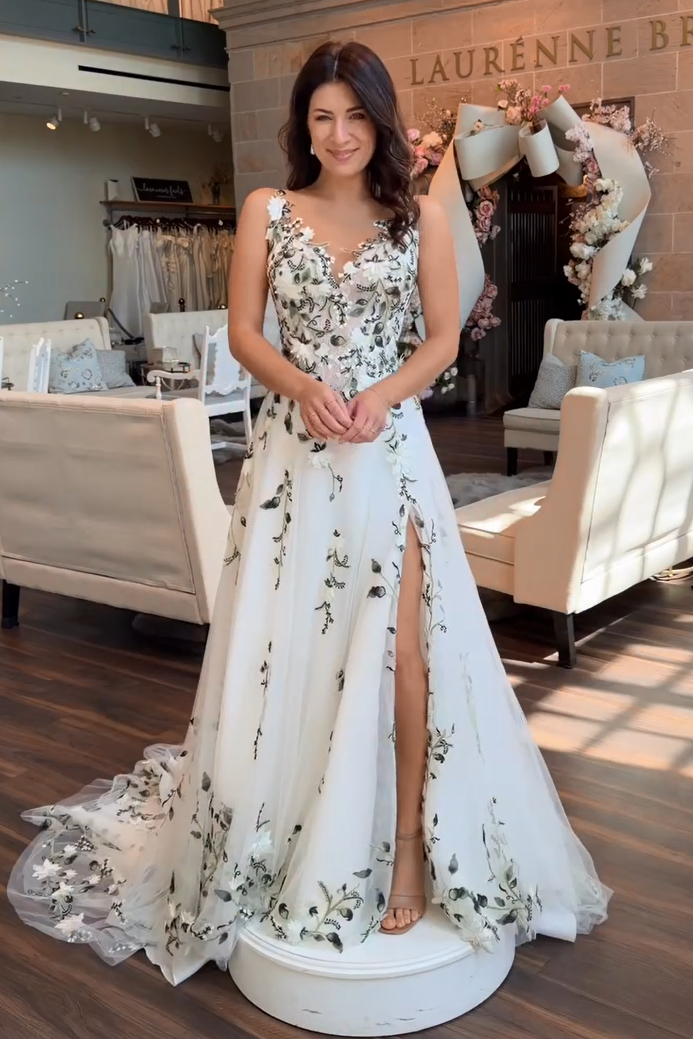 Floral Applique A-Line Wedding Dress with Slit