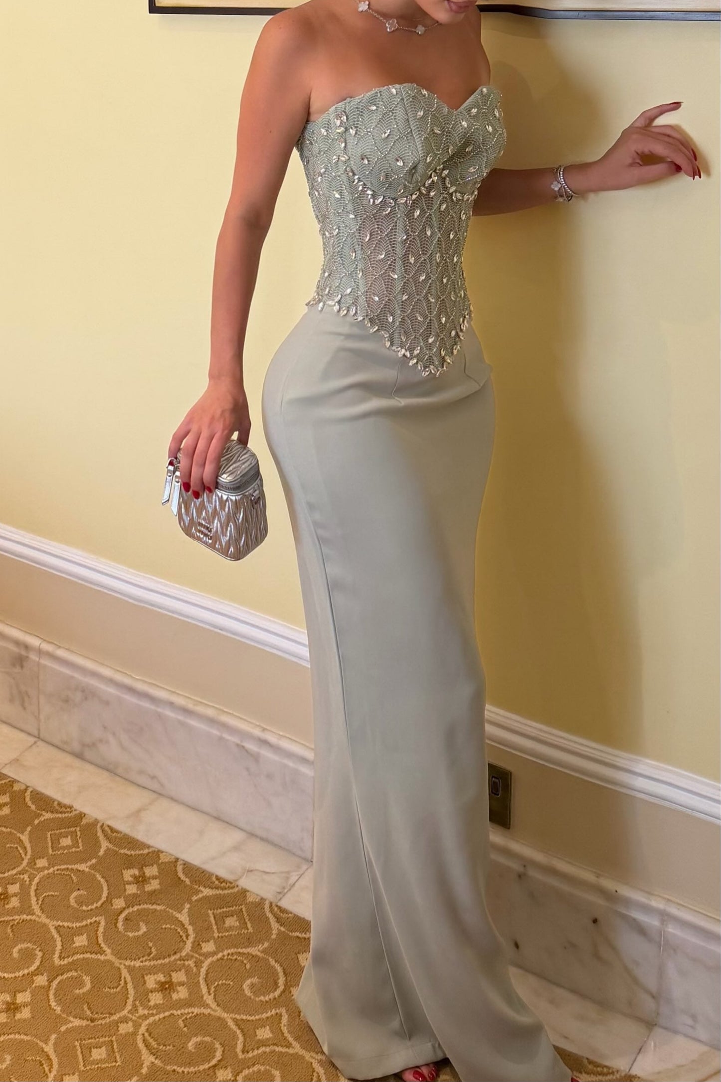 Strapless Beaded Corset Maxi Dress with Back Slit
