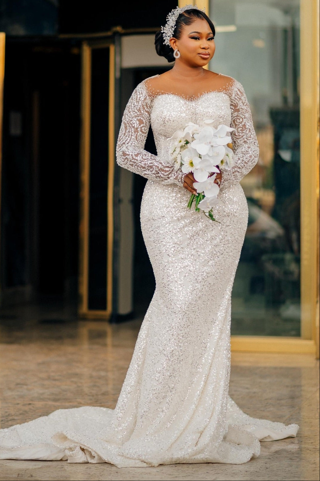 Long Sleeve Illusion Mermaid Sequin Wedding Gown