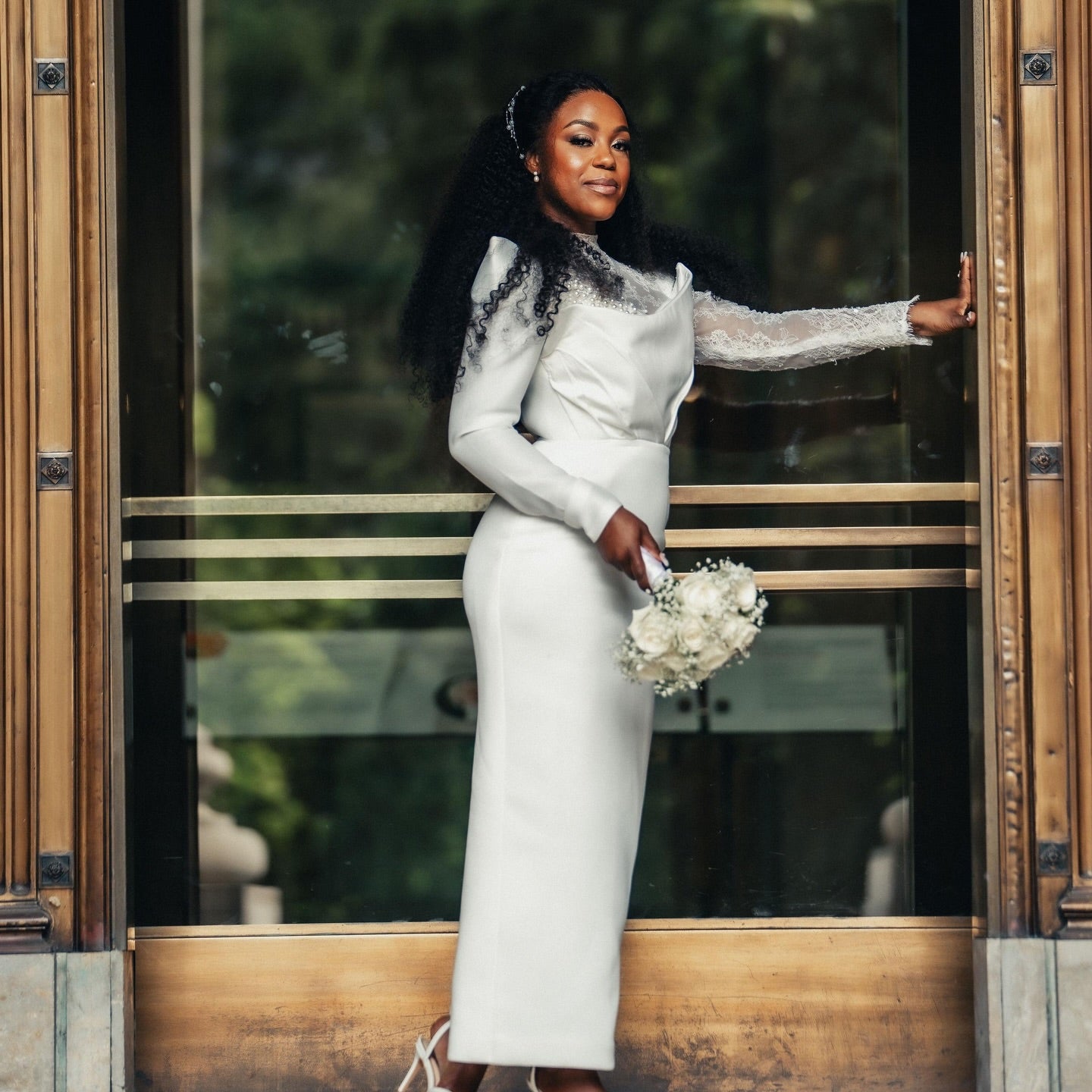 Long Sleeve Sheath Wedding Dress with Lace Mock Neck
