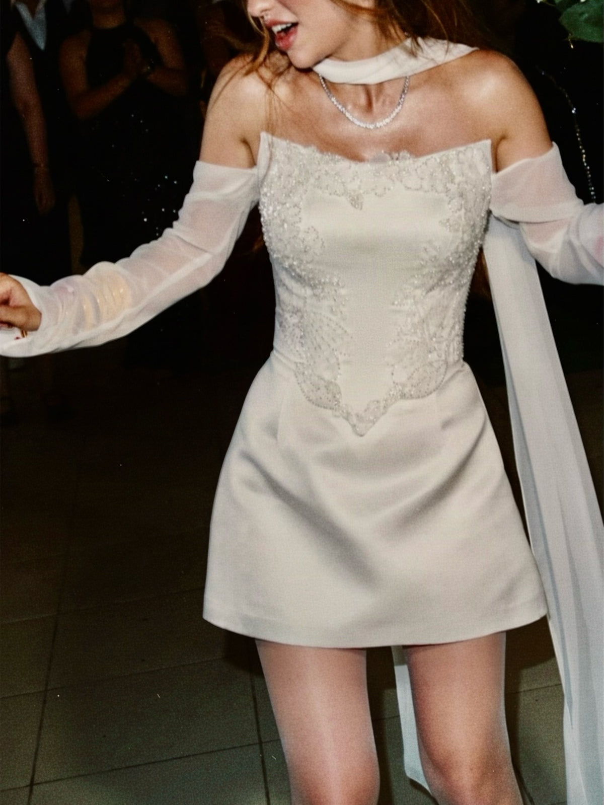 Beaded Basq-Waist Mini Dress with Chiffon Sleeves