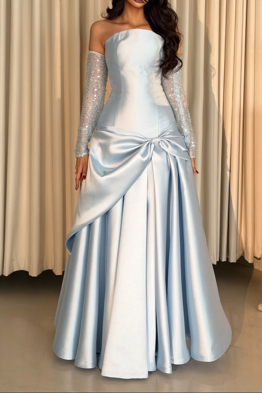 Strapless Draped Gown with Sequin Sleeves