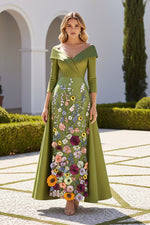 Off Shoulder Floral Embroidered Ankle Length Gown