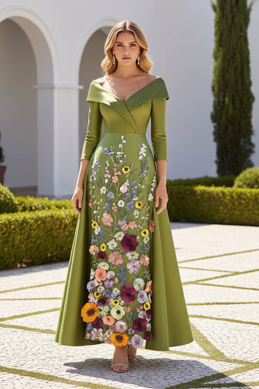 Off Shoulder Floral Embroidered Ankle Length Gown