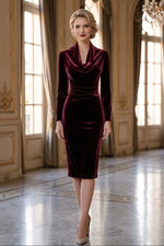 Cowl Neck Velvet Midi Dress with Long Sleeves