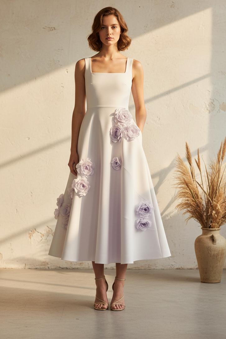 Elegant Square Neck 3D Floral Midi Dress with Pockets