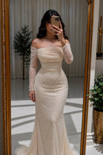 Off Shoulder Beaded Mermaid Evening Gown