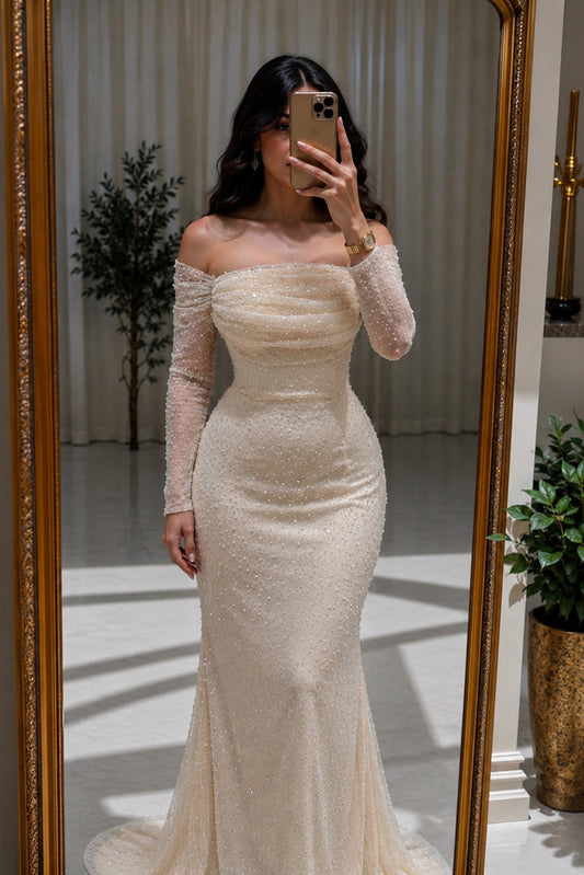 Off Shoulder Beaded Mermaid Evening Gown