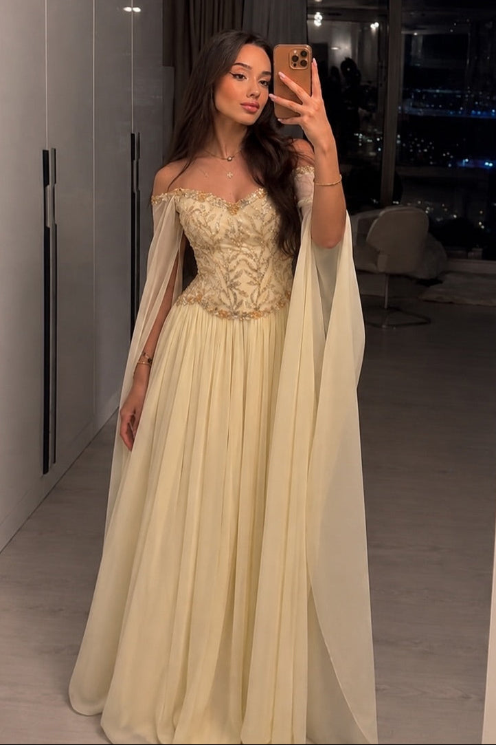 Off-The-Shoulder Beaded Corset Cape Sleeve Gown