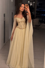 Off-The-Shoulder Beaded Corset Cape Sleeve Gown