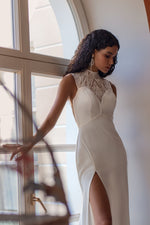 High-Neck Illusion Back Crepe Wedding Dress