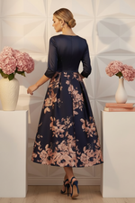 Floral Pleated A-Line Midi Dress with 3/4 Sleeves