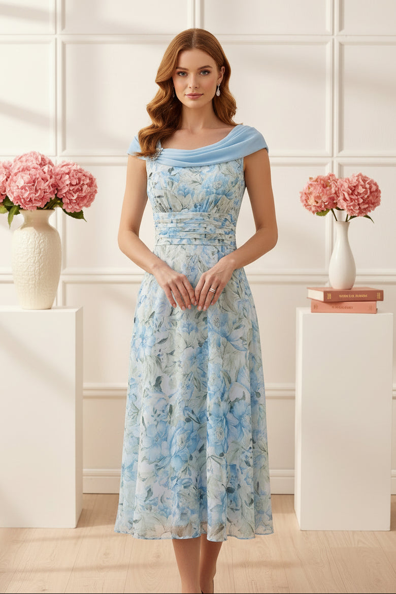 Off Shoulder Floral Print Tea-Length Chiffon Dress