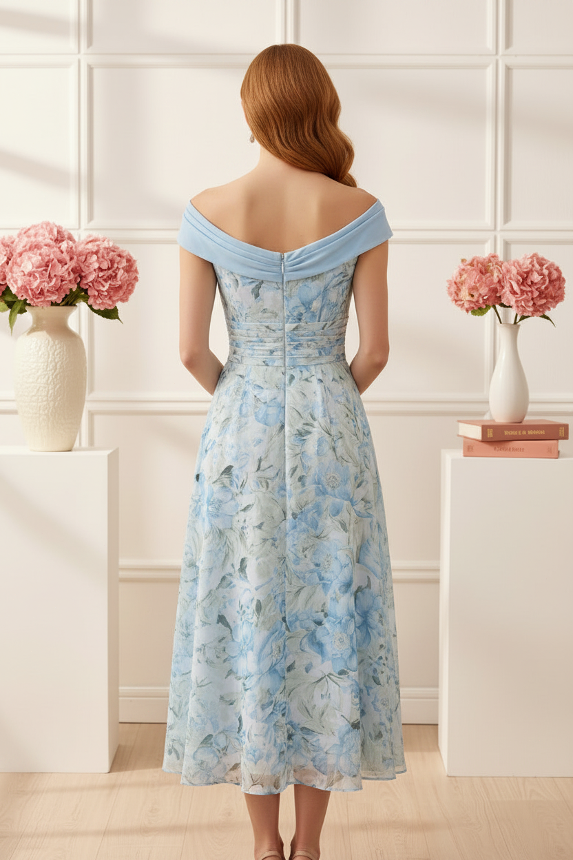 Off Shoulder Floral Print Tea-Length Chiffon Dress