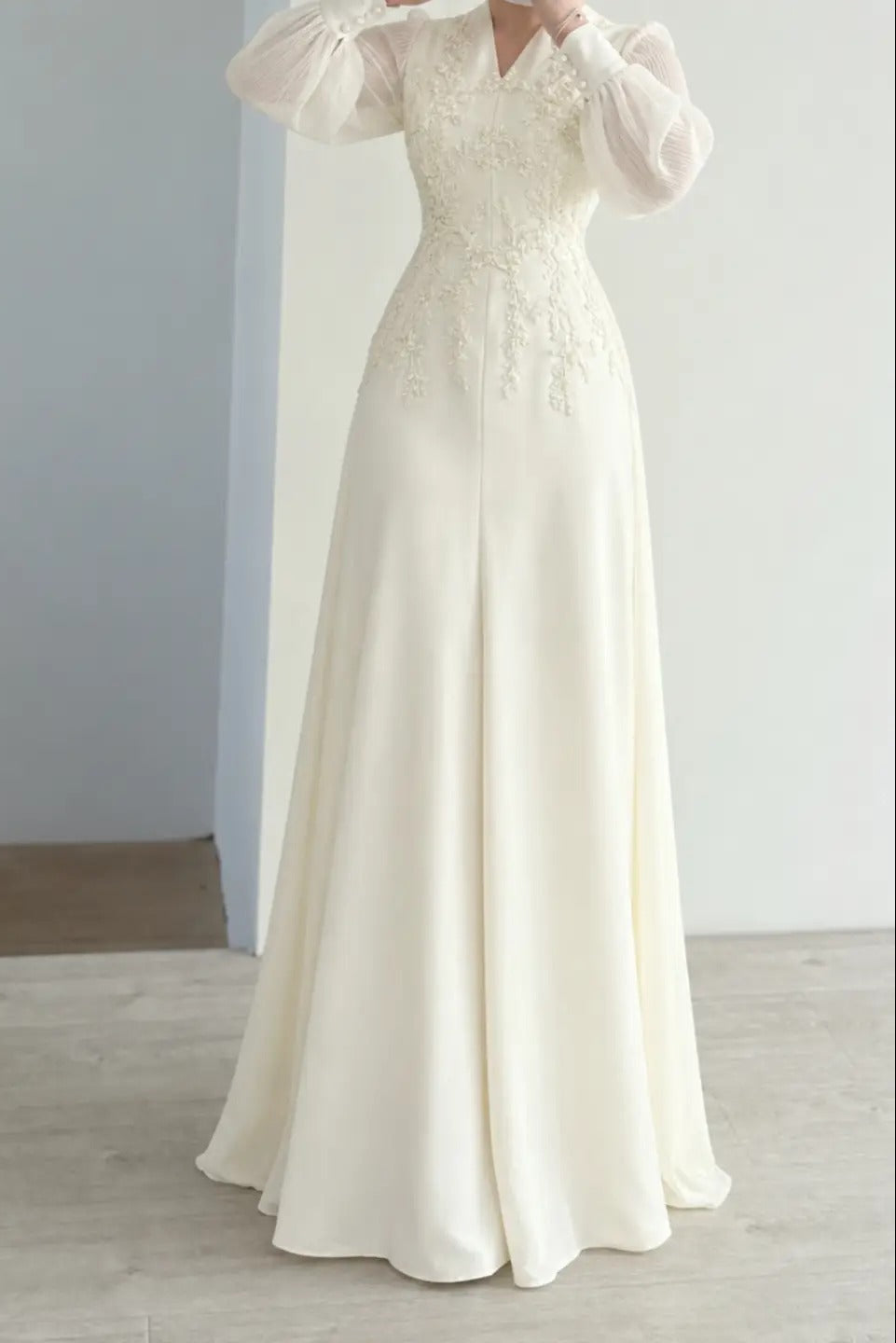 Embroidered V-Neck Gown with Bishop Sleeves