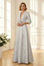 Deep V-Neck Jacquard A-Line Evening Gown