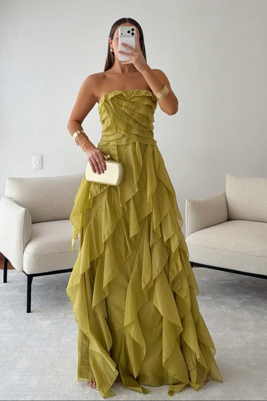 Strapless Tiered Ruffle Maxi Evening Gown