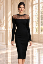 Long Sleeve Illusion Mesh Midi Sheath Dress