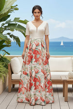 Floral Print A-Line Evening Gown with Short Sleeves