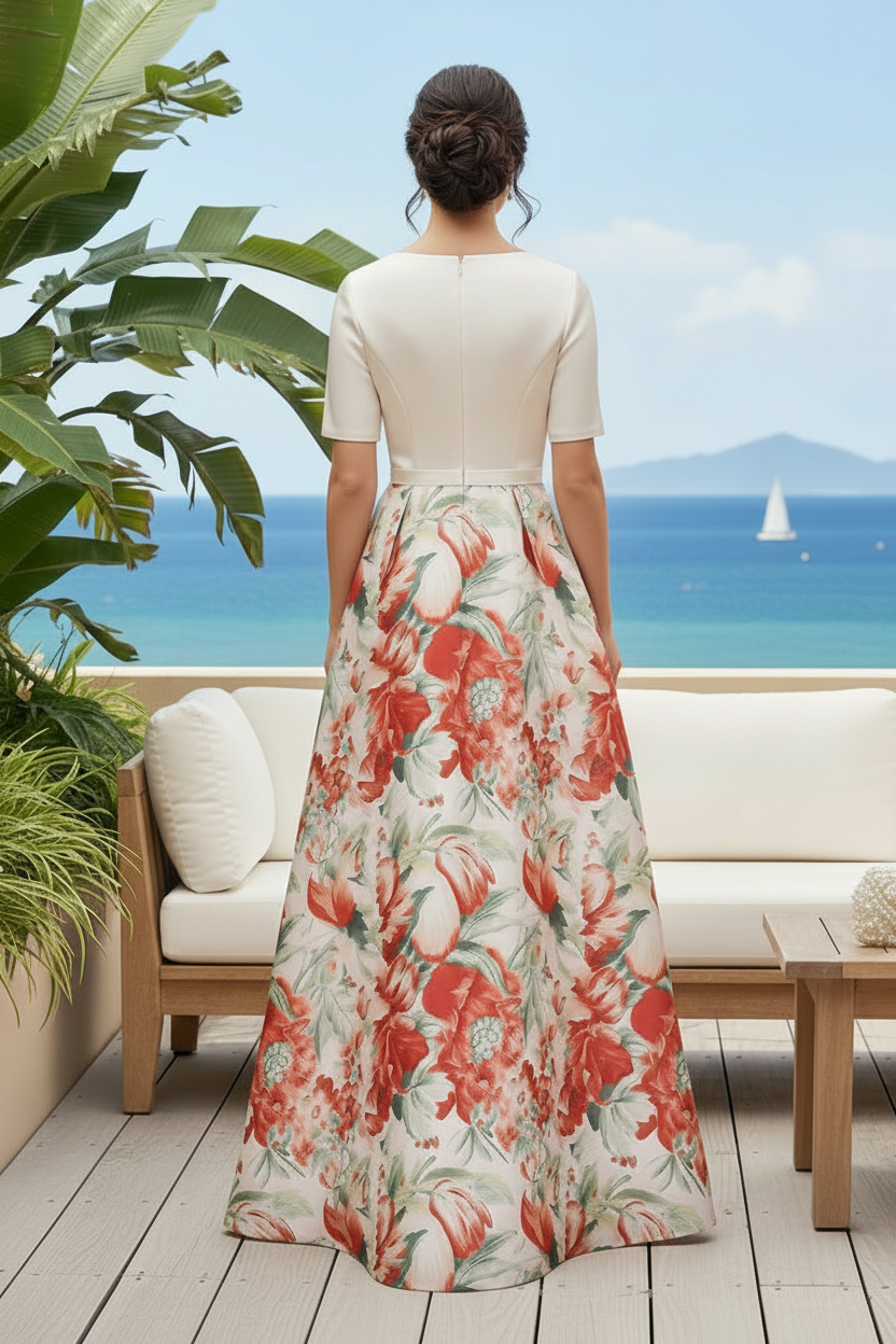 Floral Print A-Line Evening Gown with Short Sleeves