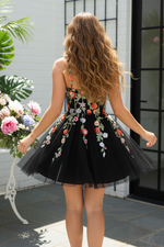 Floral Embroidered Black Mini Dress with Deep V Neckline