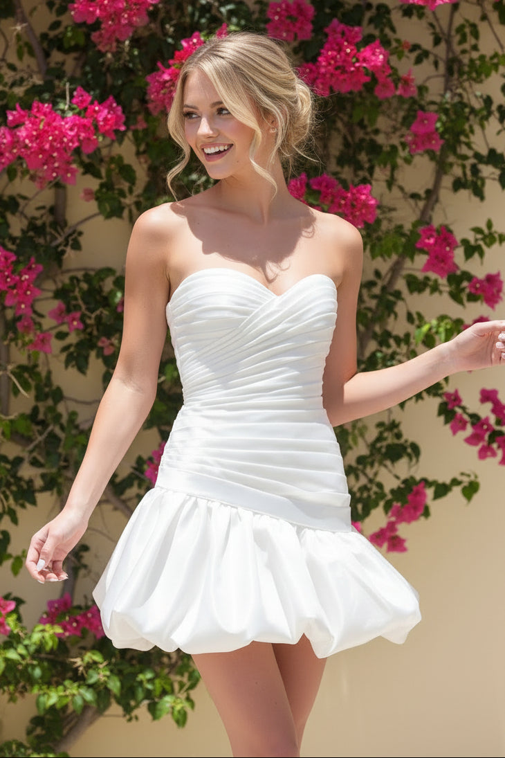 Strapless Sweetheart Ruched Bubble Skirt Mini Dress