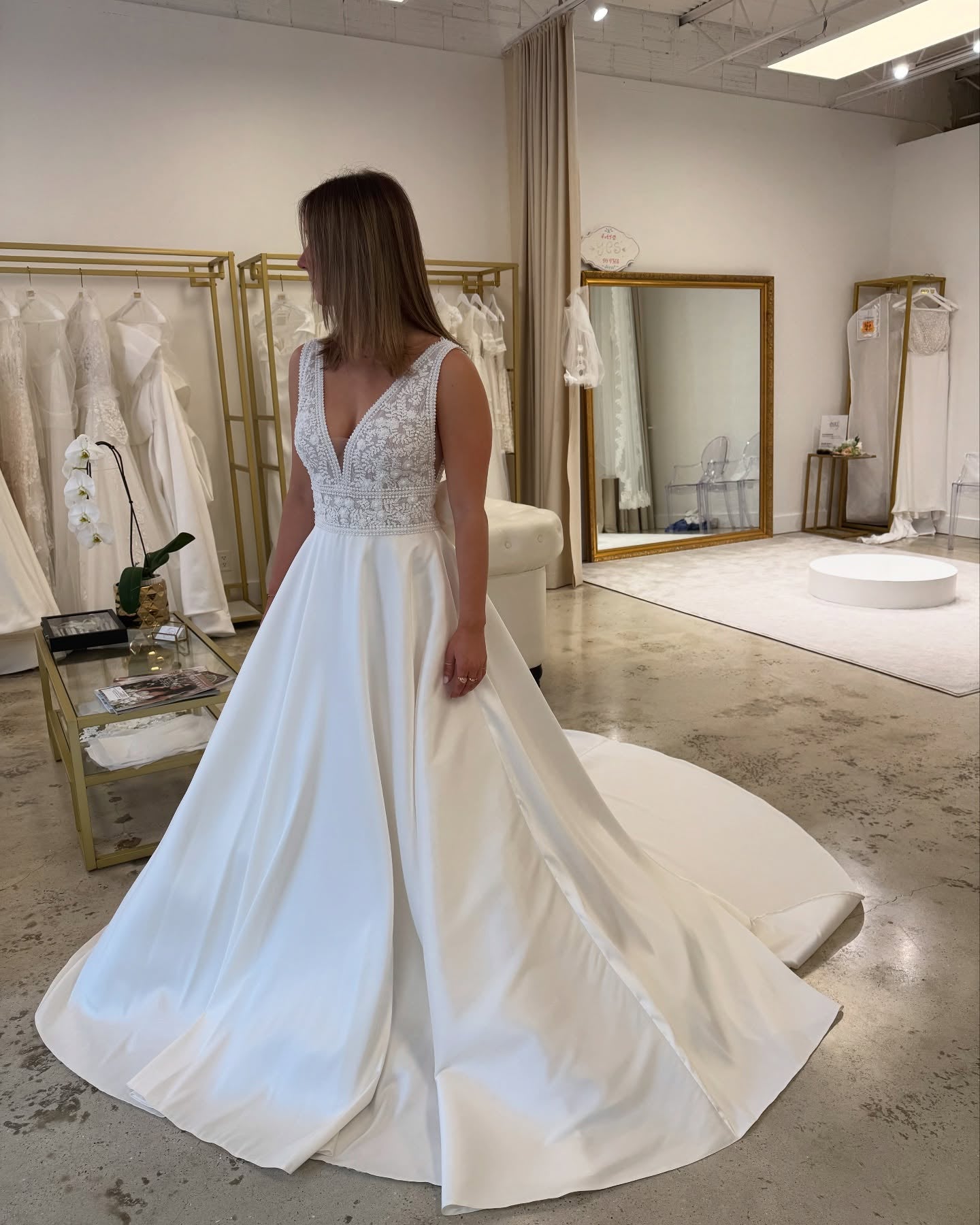 A-Line Satin Wedding Dress with Beaded Bodice and Bow