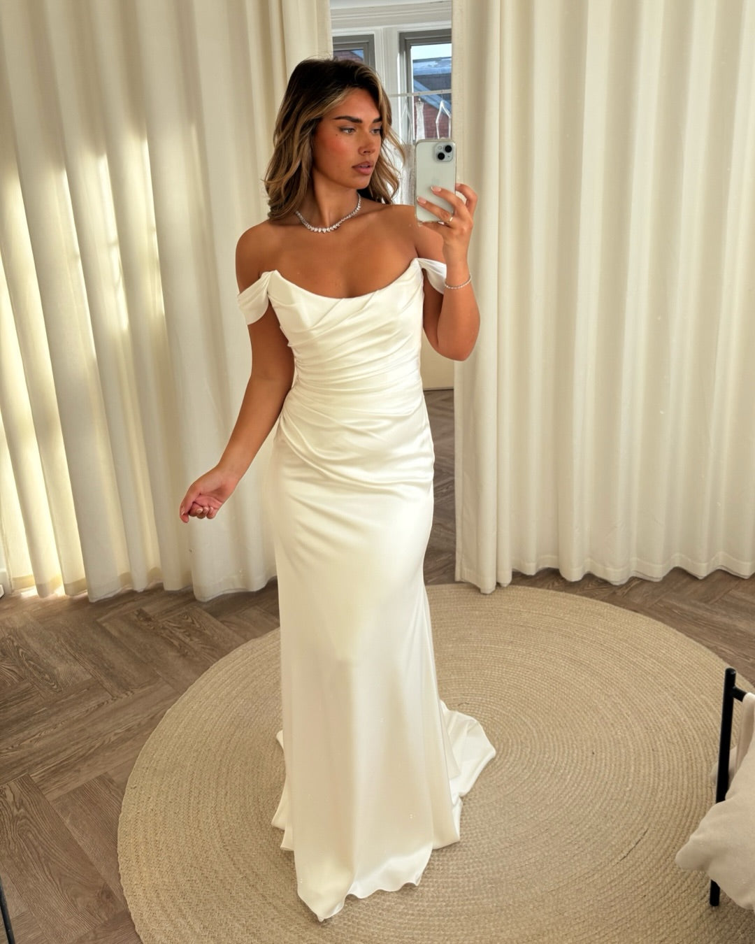 Off-the-Shoulder Ruched Satin Column Wedding Dress