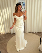 Off-the-Shoulder Ruched Satin Column Wedding Dress