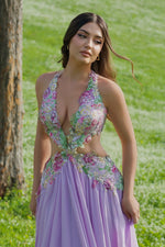 Floral Applique Halter Gown with Cut-Out Waist